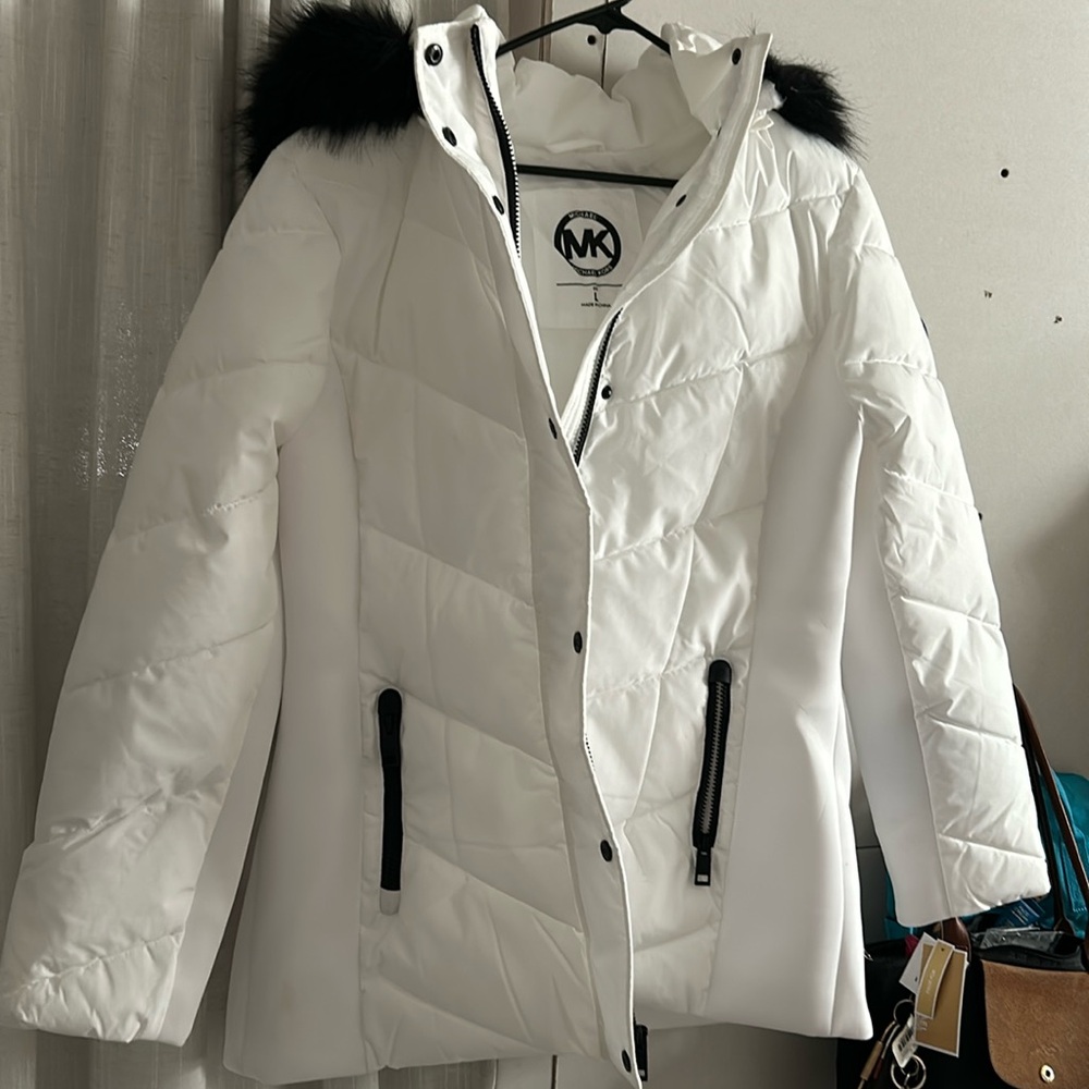 White Quilted Jacket with Faux Fur Trim